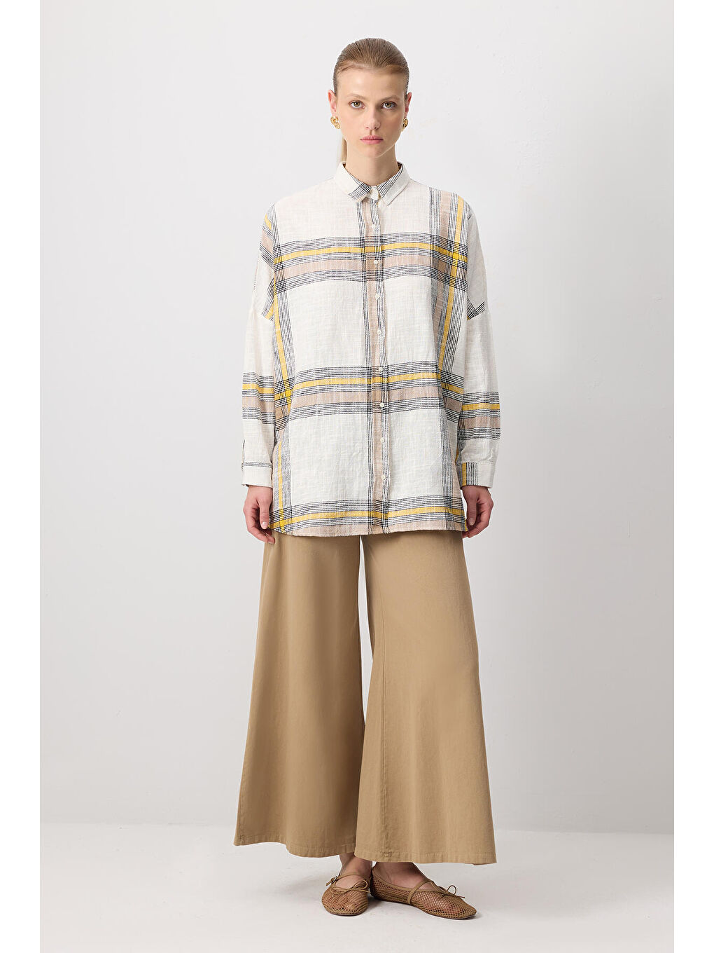 Sarı %100 Pamuklu Ekoseli Oversıze Gömlek