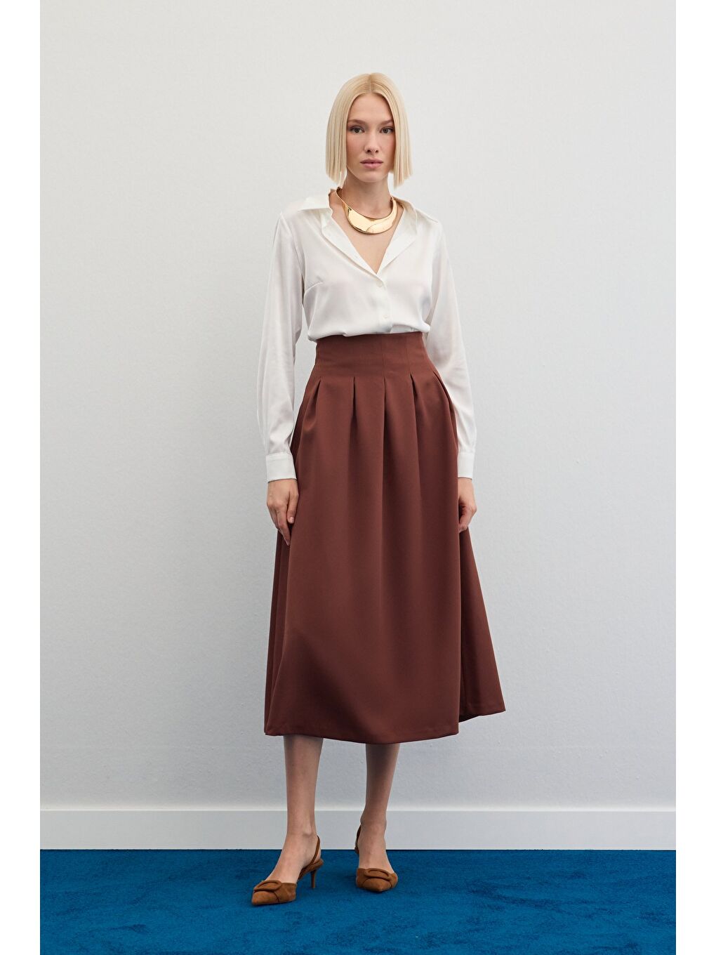 Kahverengi Pileli Midi Etek - Kahve-1