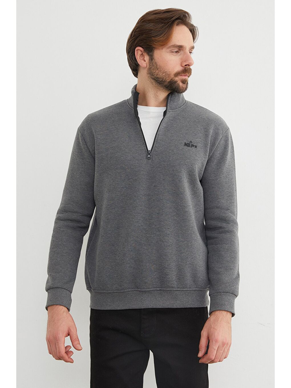 Antrasit 3 İplik Yarım Fermuarlı Sweatshirt-1