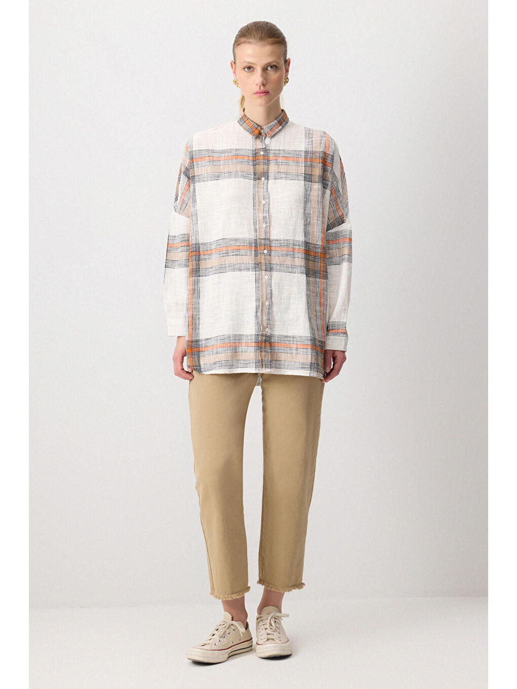 Turuncu %100 Pamuklu Ekoseli Oversıze Gömlek