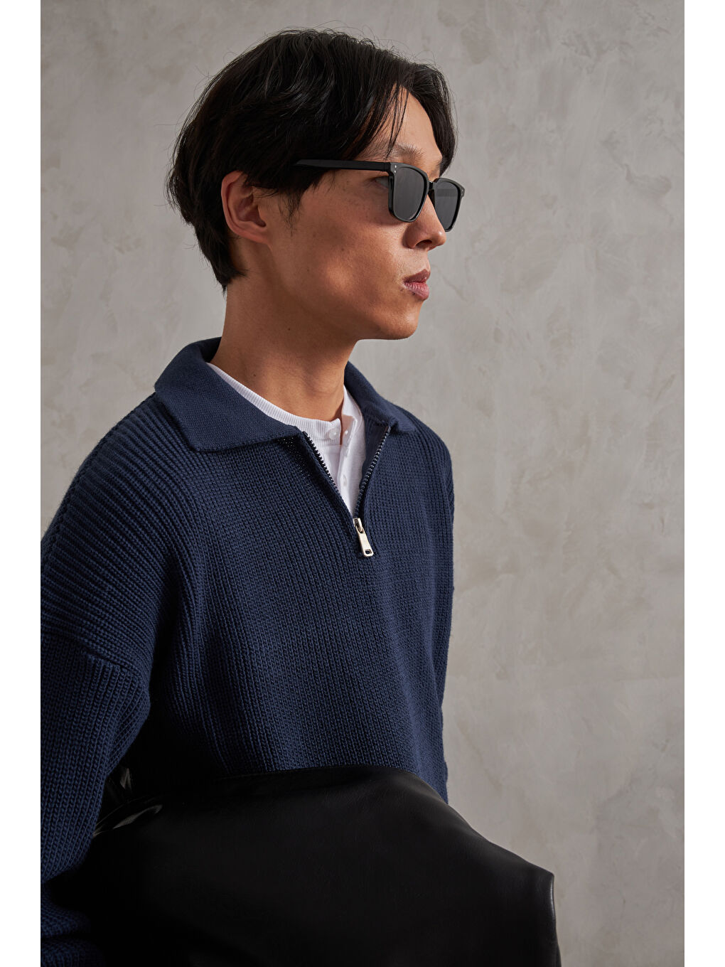 Lacivert Erkek Yakası Fermuarlı Oversize Kazak-7