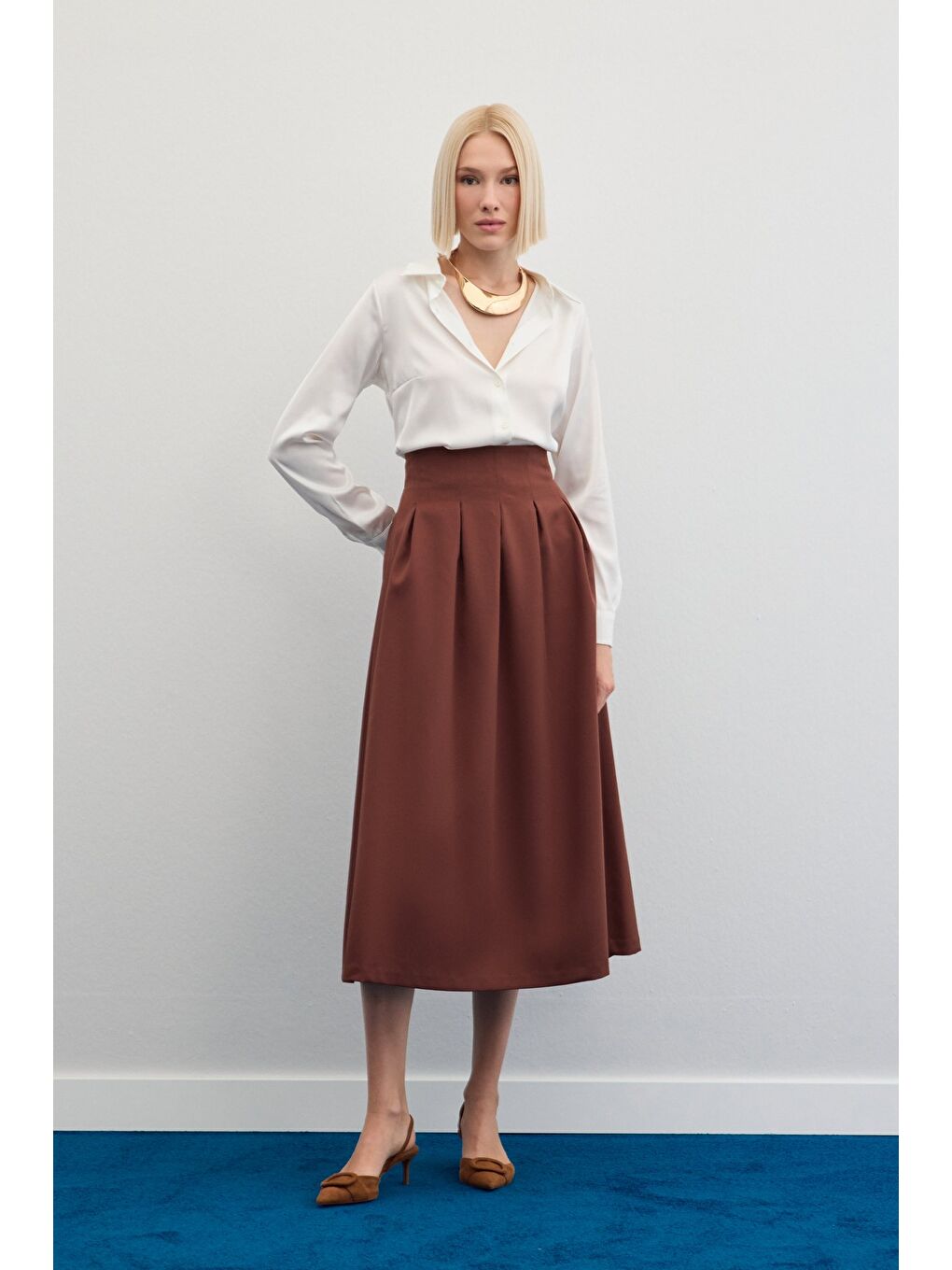 Kahverengi Pileli Midi Etek - Kahve-2