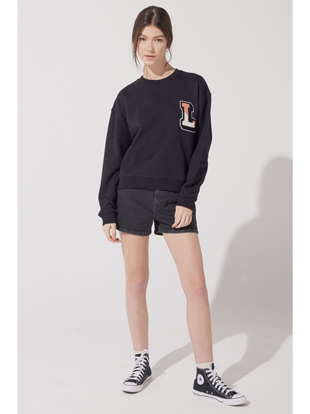 Siyah Loose Fit Rahat Kesim %100 Pamuk Bisiklet Yaka Sweatshirt-3