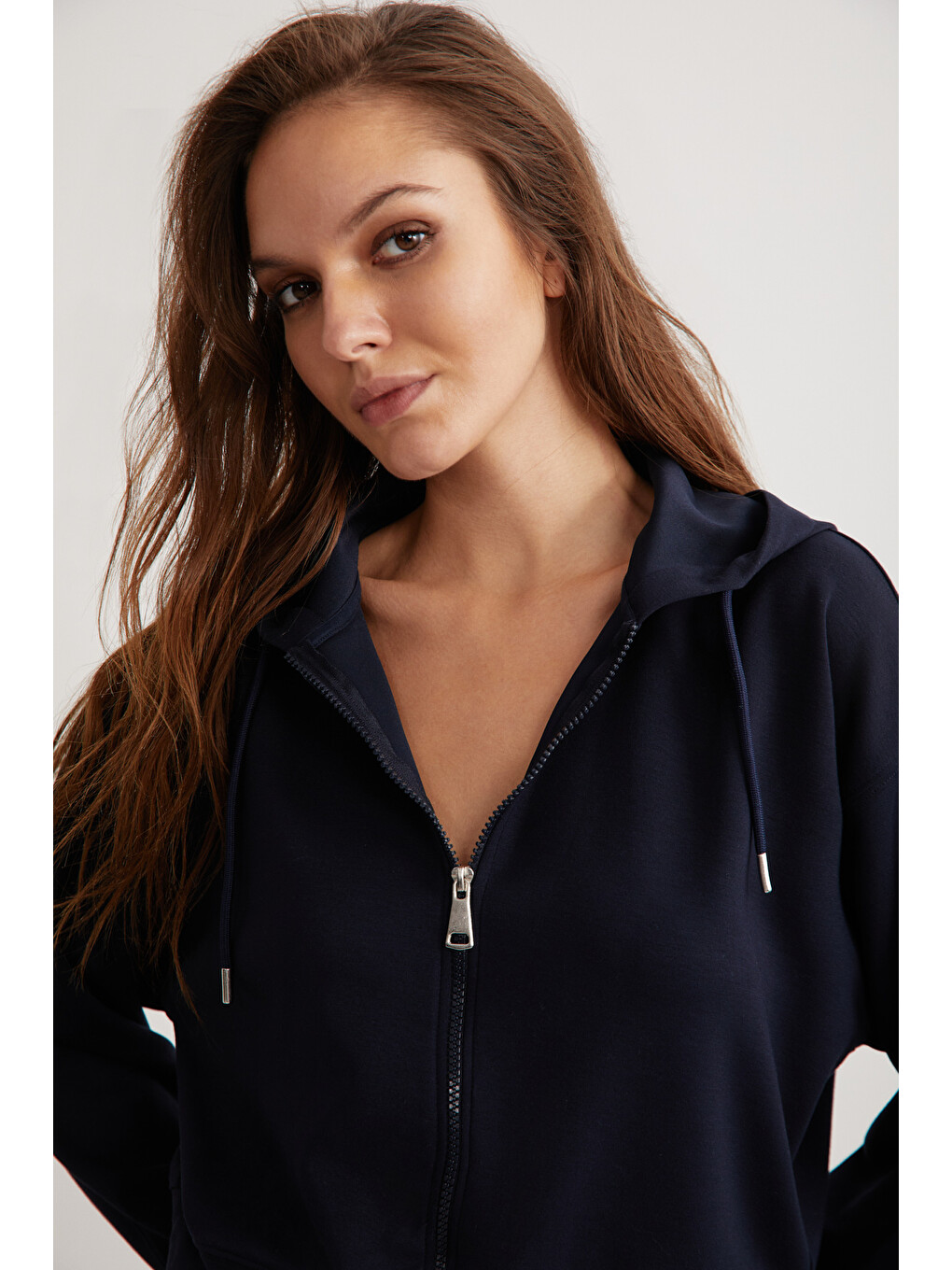 Jıll Kadın Scuba Kumaşlı Kapüşonlu Fermuarlı Aşırı Yumuşak Örme Crop Lacivert Sweatshirt-3