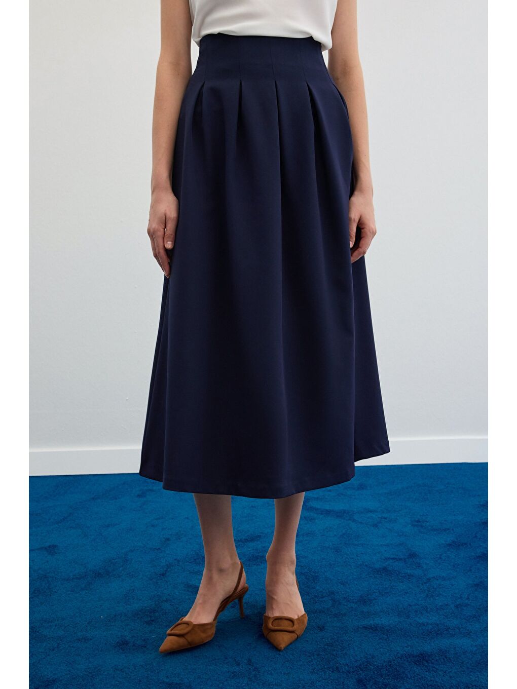 Pileli Midi Etek - Lacivert-5