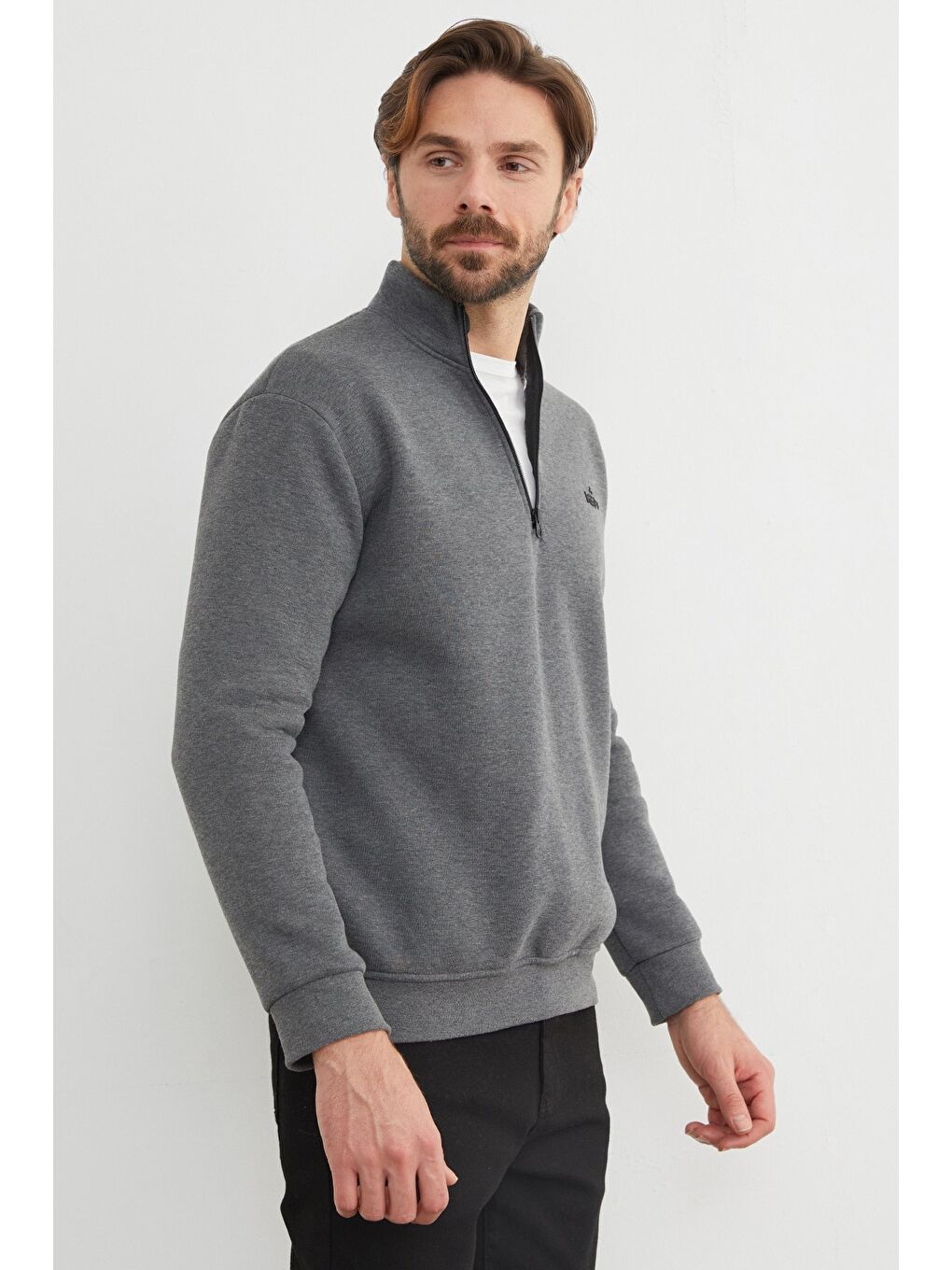 Antrasit 3 İplik Yarım Fermuarlı Sweatshirt-2