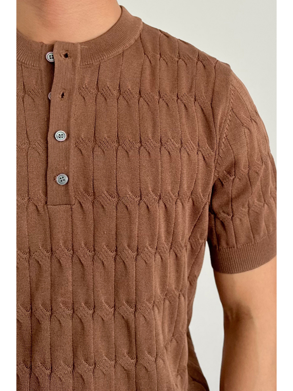 Erkek Kahverengi Hakim Yaka Düğmeli Slim Fit Triko T-Shirt-2