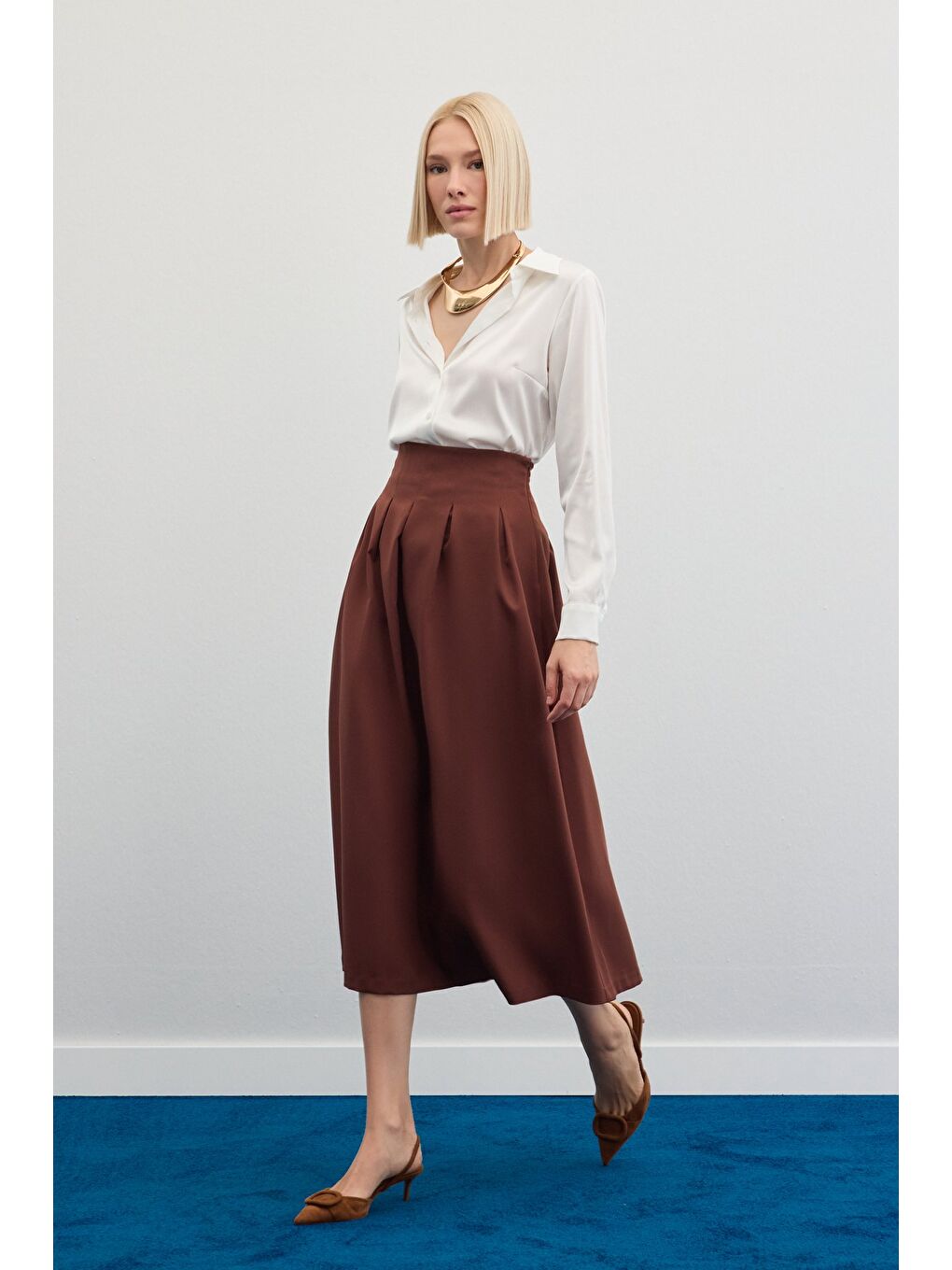 Kahverengi Pileli Midi Etek - Kahve-3