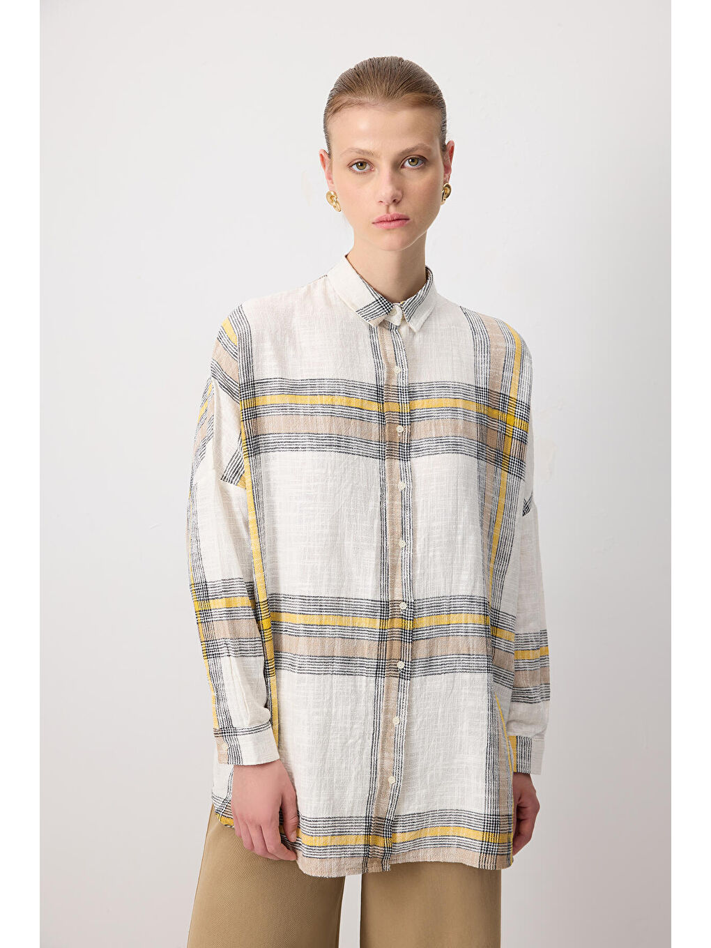 Sarı %100 Pamuklu Ekoseli Oversıze Gömlek-1