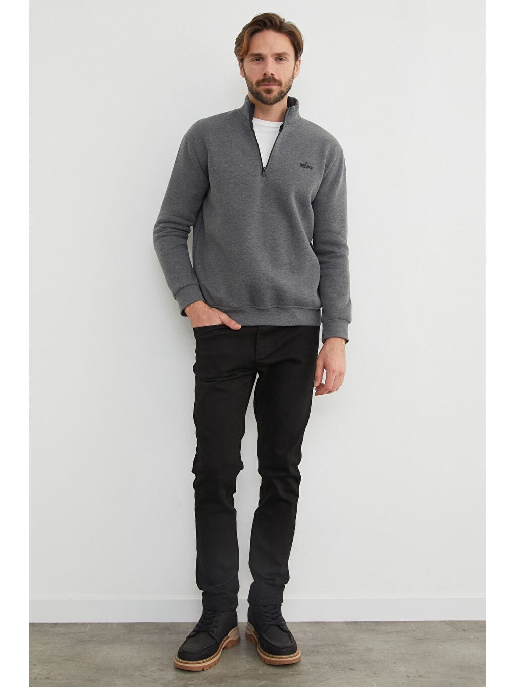 Antrasit 3 İplik Yarım Fermuarlı Sweatshirt-3