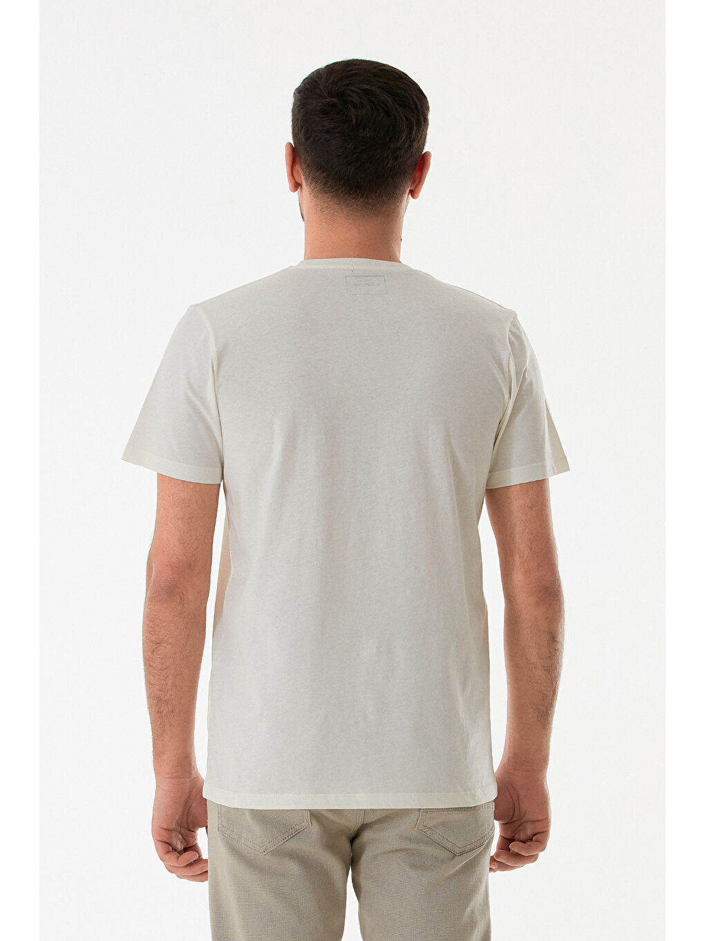 Ekru Kabartma Baskılı Bisiklet Yaka Tişört-2