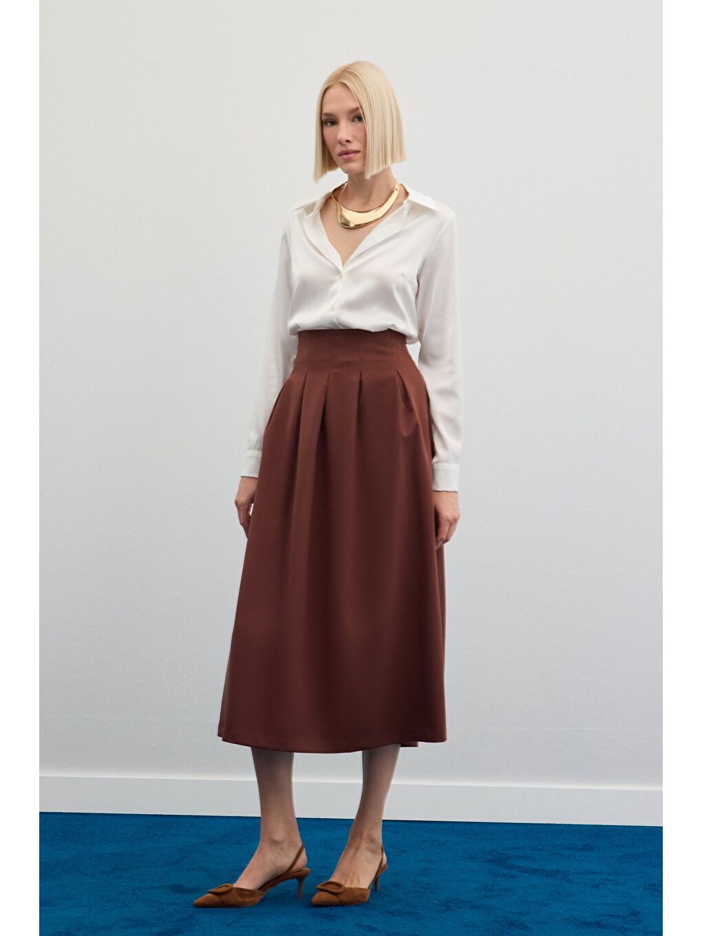 Kahverengi Pileli Midi Etek - Kahve-4