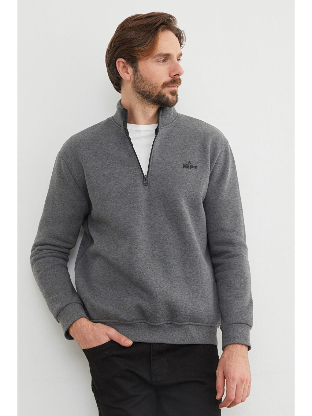 Antrasit 3 İplik Yarım Fermuarlı Sweatshirt-4