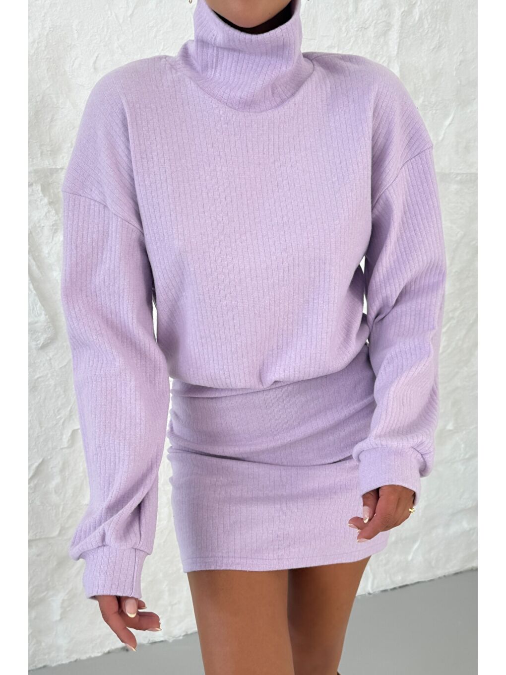 Mor Kadın Eflatun Boğazlı Bel Lastikli İnterlok Mini Elbise-6