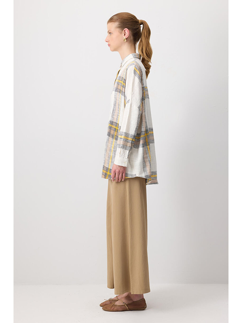 Sarı %100 Pamuklu Ekoseli Oversıze Gömlek-2