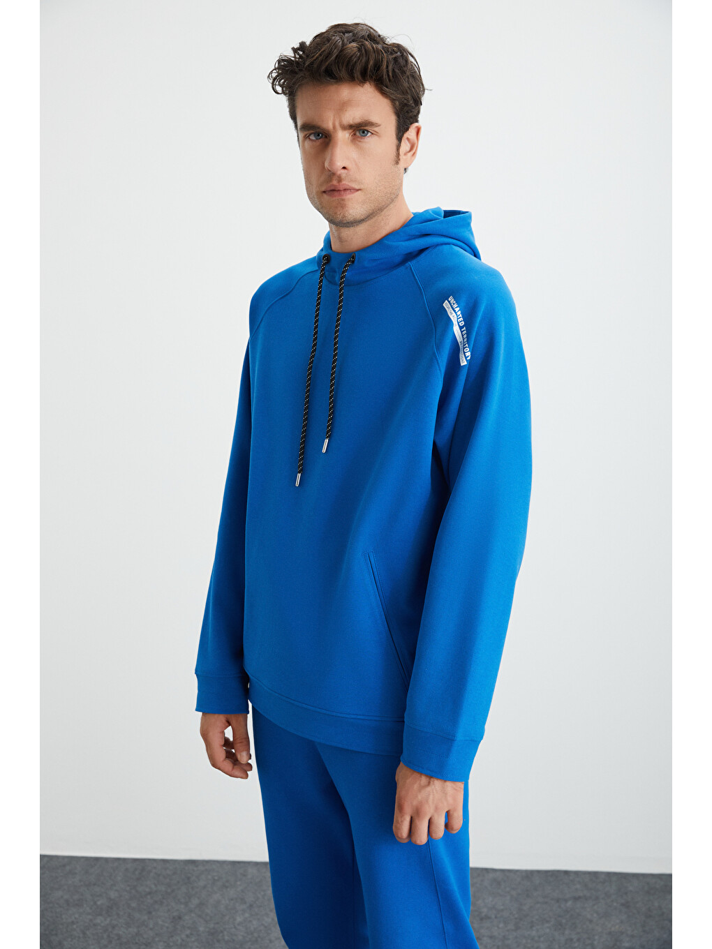 Malagos Erkek İçi Polarlı Yumuşacık 3 İplik İçi Şardonlu Regular Kapüşonlu Mavi Sweatshirt-1