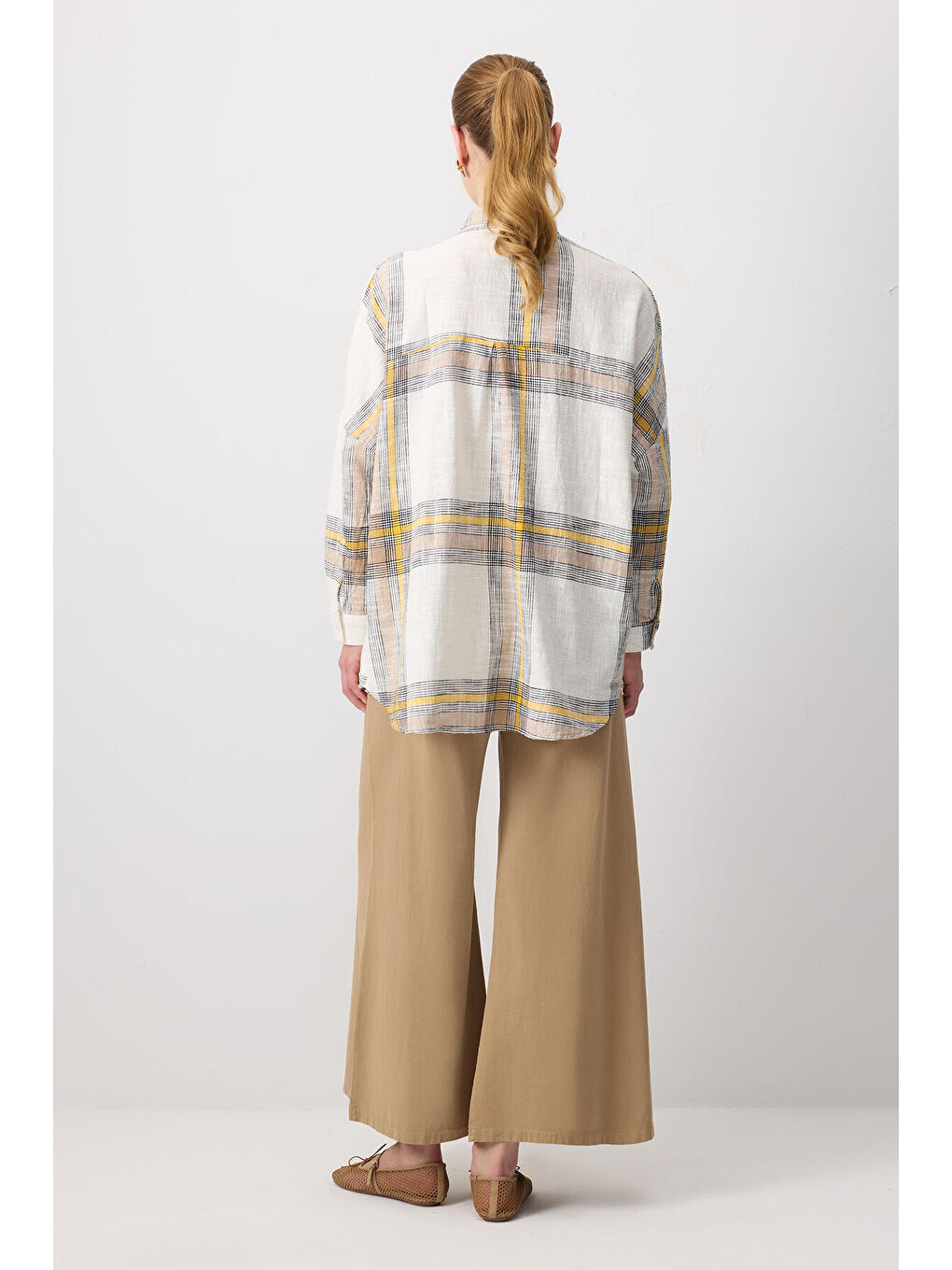 Sarı %100 Pamuklu Ekoseli Oversıze Gömlek-3