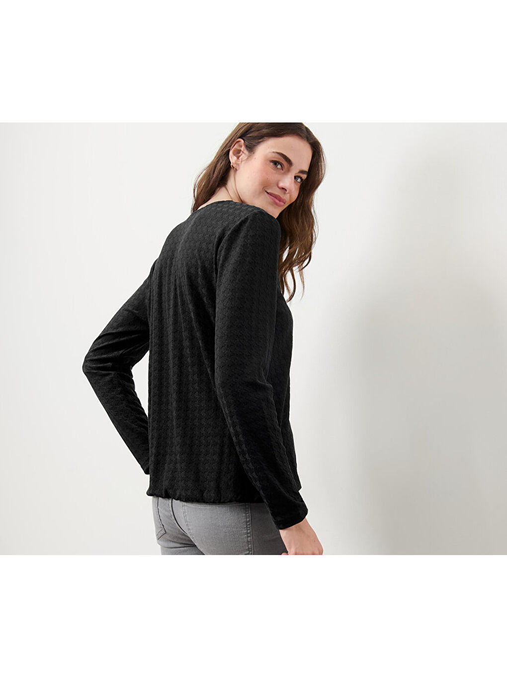 Kadın Tişört, Uzun Kollu, Dokulu, Siyah-2