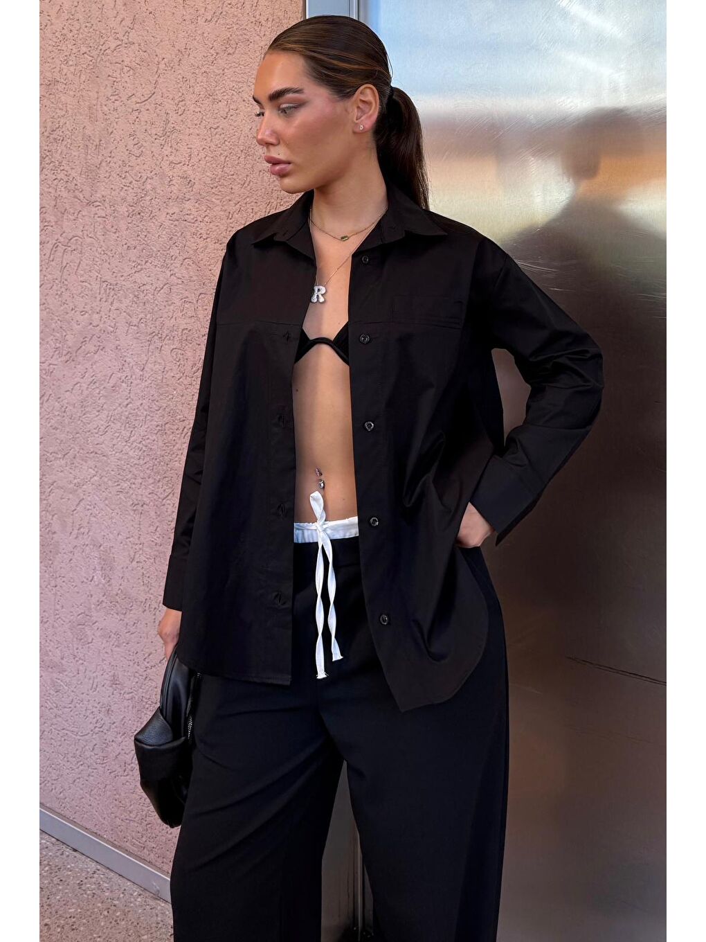 Siyah Düz Kesim Düğmeli Kadın Gömlek Mg2583-4