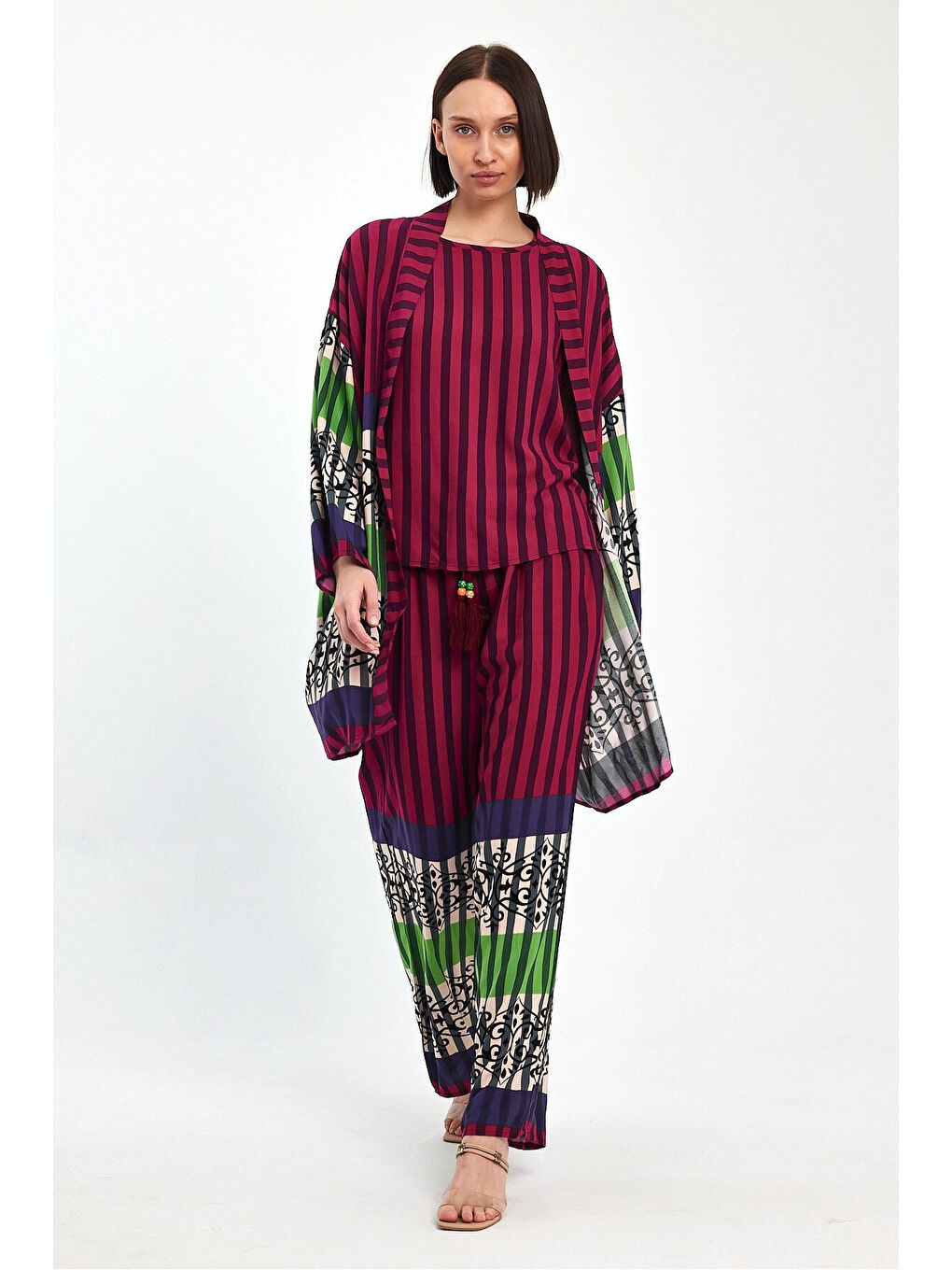 Kadın Mürdüm Çizgili Atlet Kimono Ve Pantolon Dokuma Viscon Alt Üst Takım HZL25S-VM110421