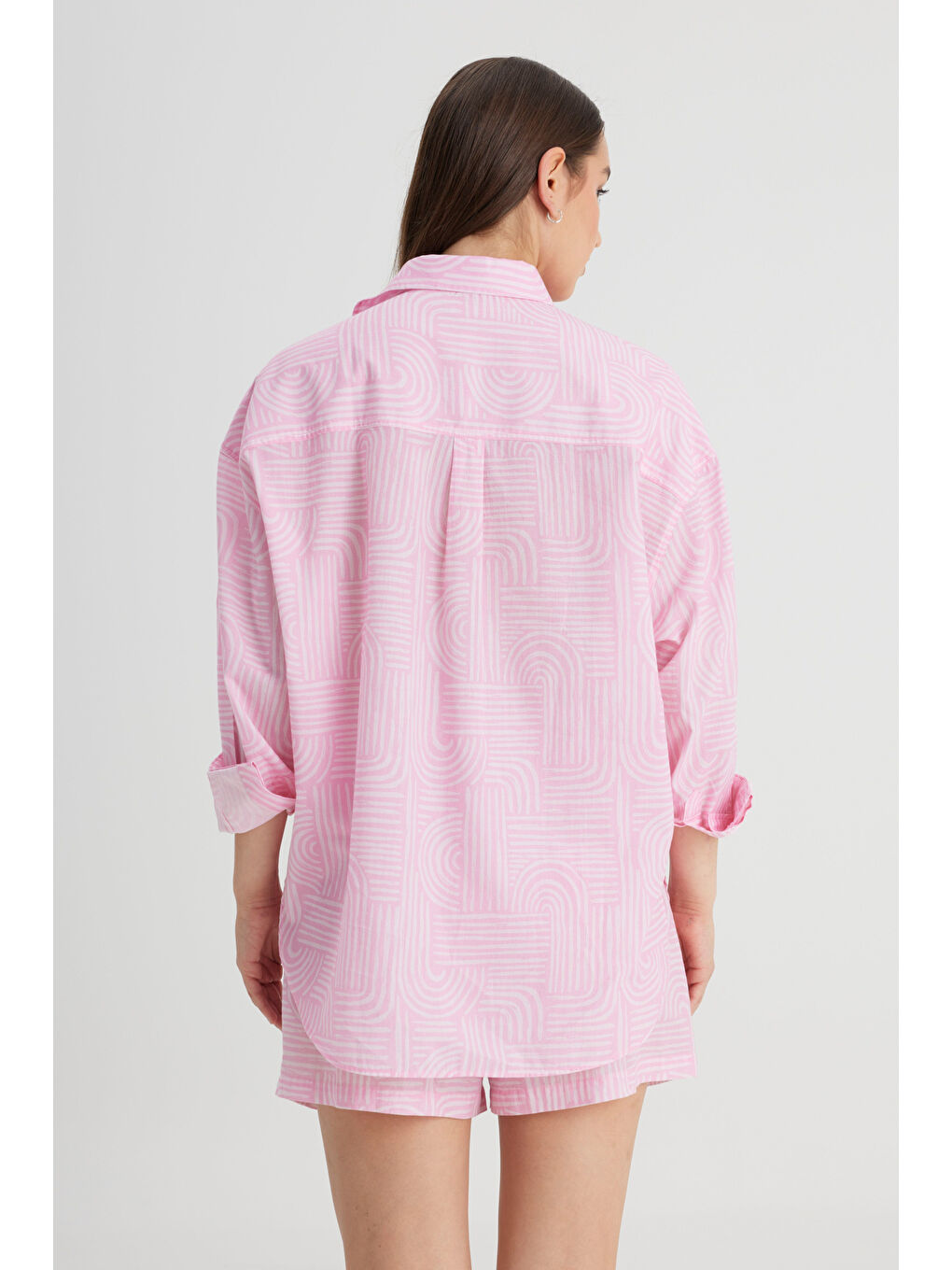 Relaxed Fit Geniş Kesim %100 Pamuk Pembe Gömlek-5