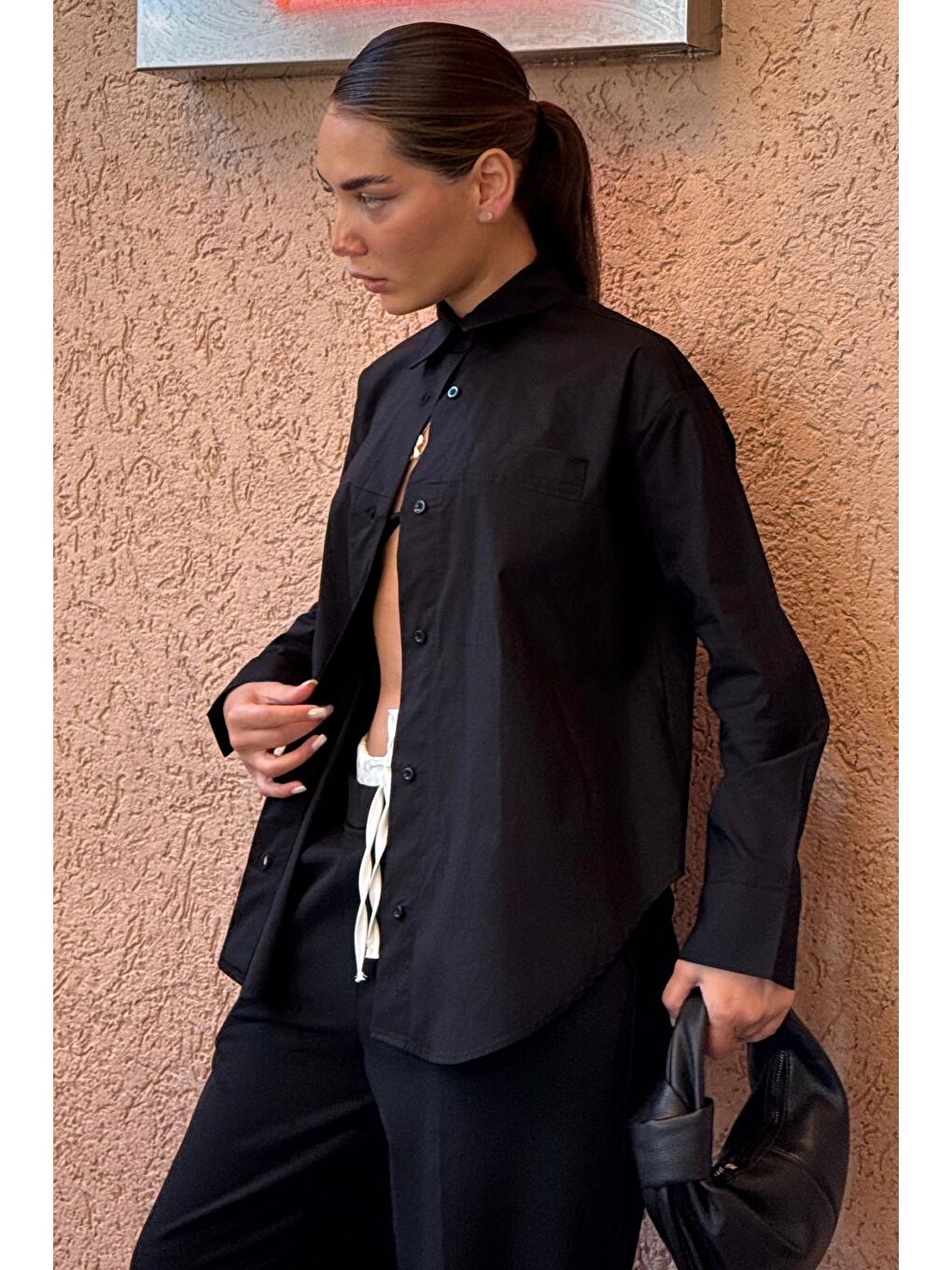 Siyah Düz Kesim Düğmeli Kadın Gömlek Mg2583-5
