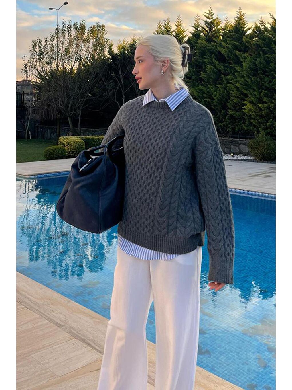 Antrasit Bisiklet Yaka Oversize Triko Kazak Mg1969-1