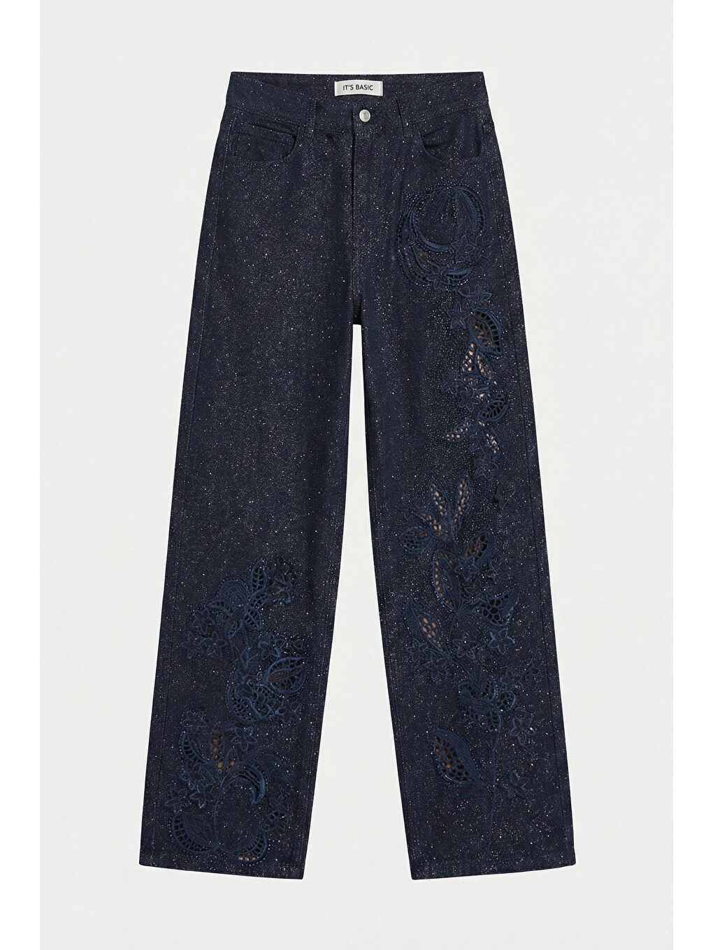 Kadın İndigo Selvedge T-7s6-50 Loose Fit Nakış Dantel Desenli Özel Tasarım Denim Jean-3