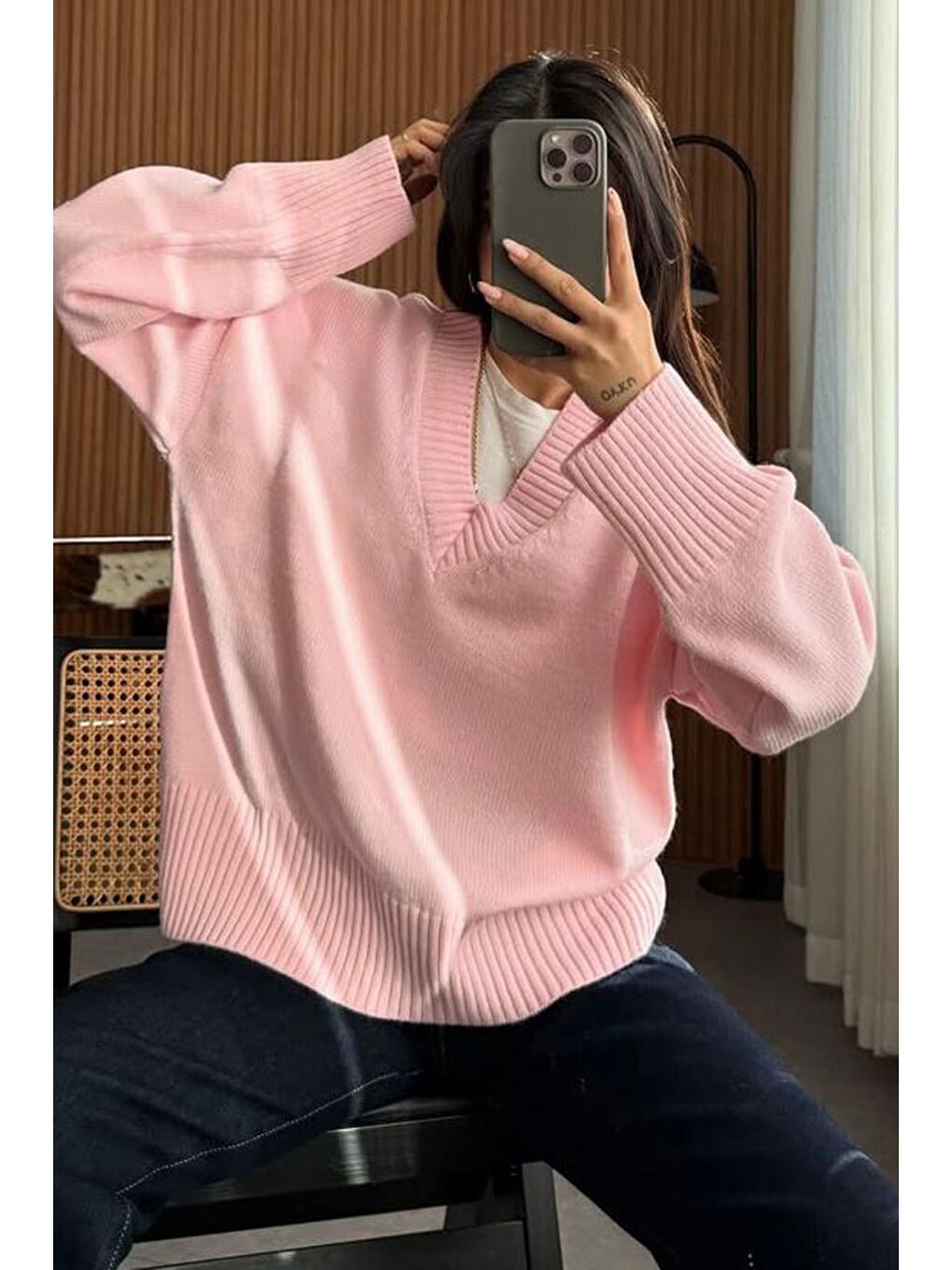 Pembe V Yaka Oversize Kadın Triko Kazak Mg2149-1