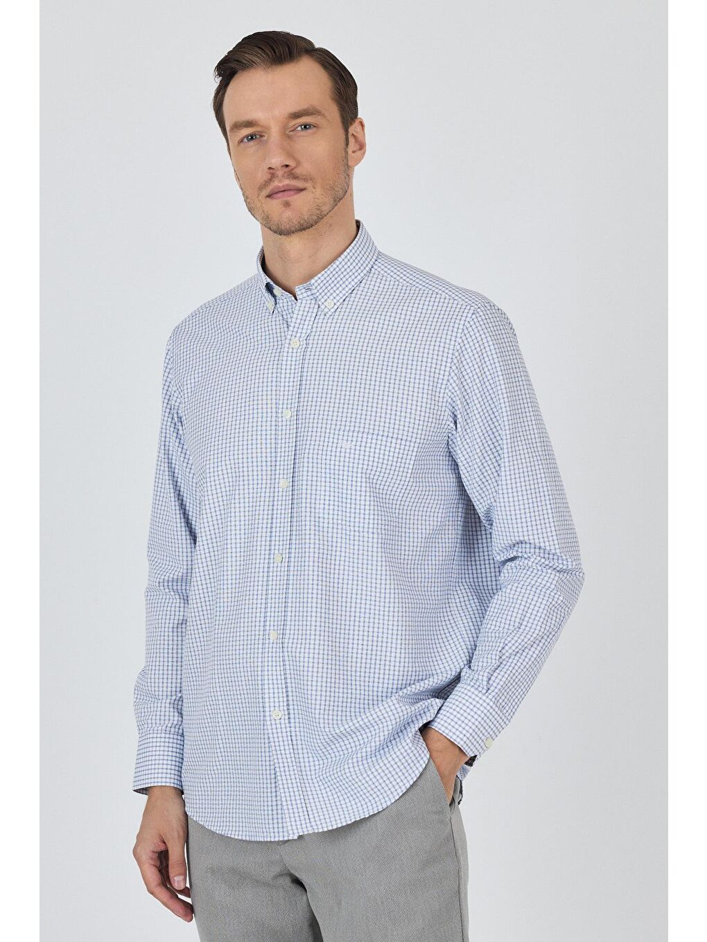 Lacivert Uzun Kol Kareli Desen Bez Ayağı Düğmeli Yaka Cepli Pamuklu Classic Comfort Fit Gömlek 1004250197-1