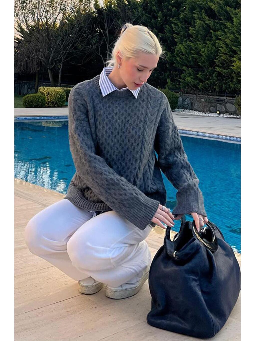 Antrasit Bisiklet Yaka Oversize Triko Kazak Mg1969-3