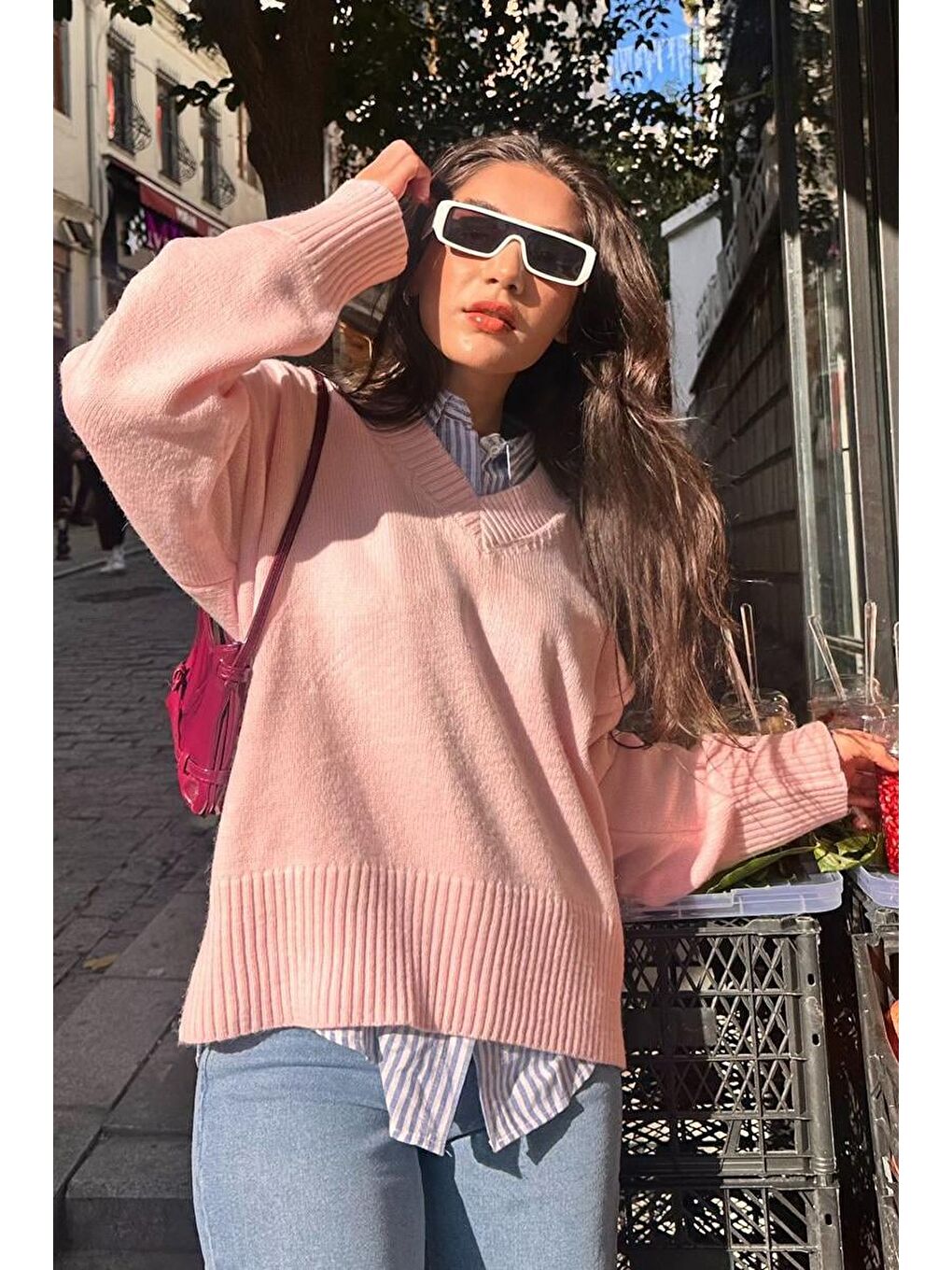 Pembe V Yaka Oversize Kadın Triko Kazak Mg2149-2