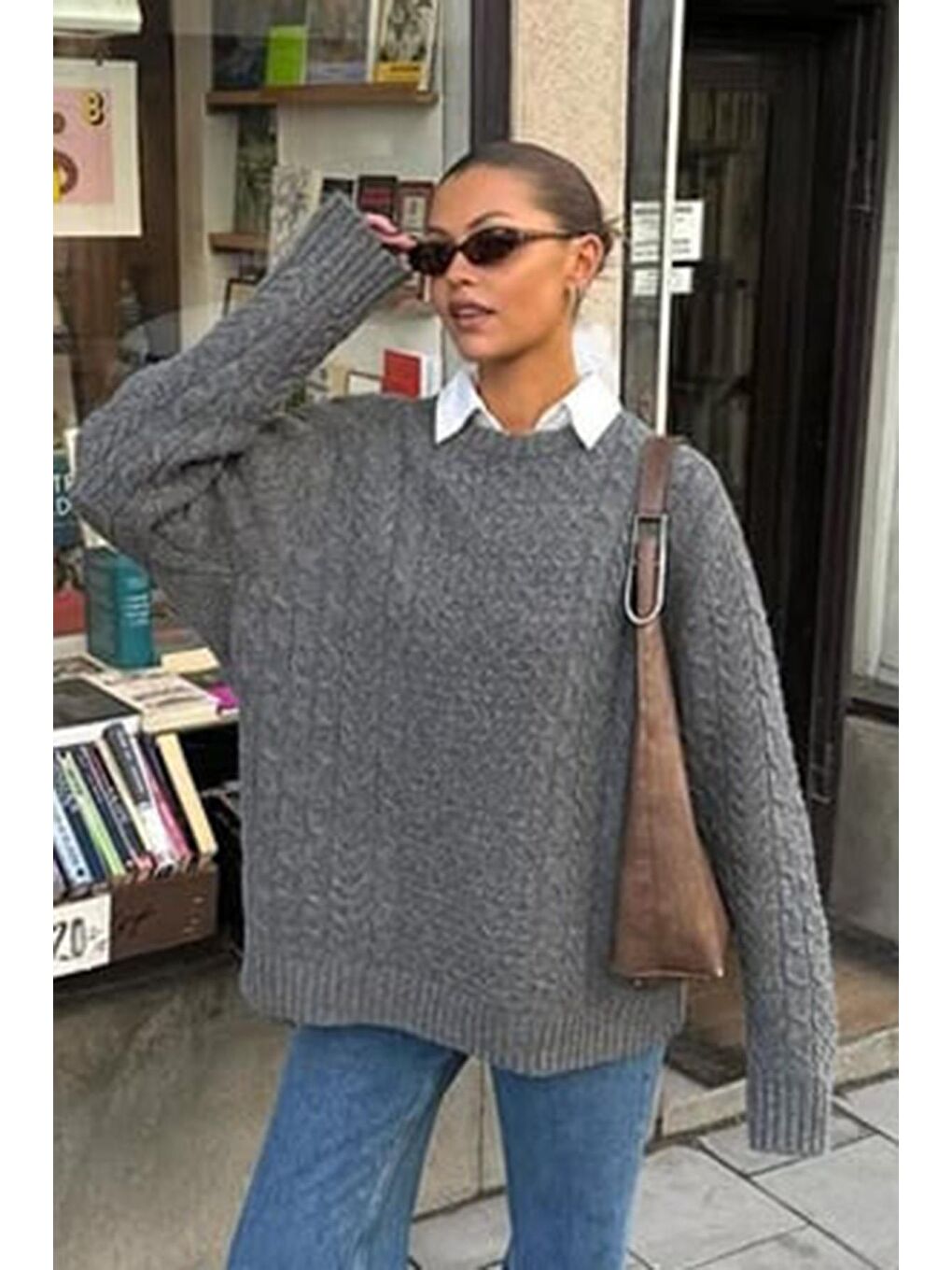 Antrasit Bisiklet Yaka Oversize Triko Kazak Mg1969-4