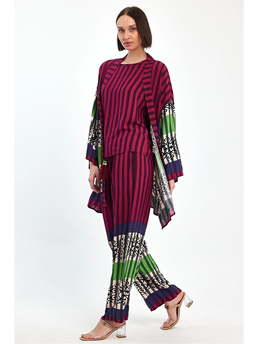 Kadın Mürdüm Çizgili Atlet Kimono Ve Pantolon Dokuma Viscon Alt Üst Takım HZL25S-VM110421-1