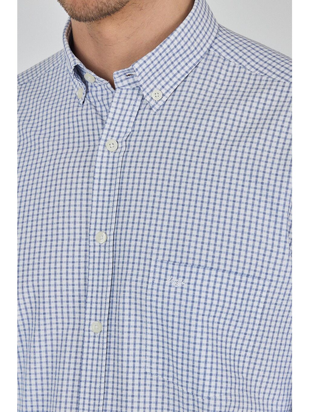 Lacivert Uzun Kol Kareli Desen Bez Ayağı Düğmeli Yaka Cepli Pamuklu Classic Comfort Fit Gömlek 1004250197-3