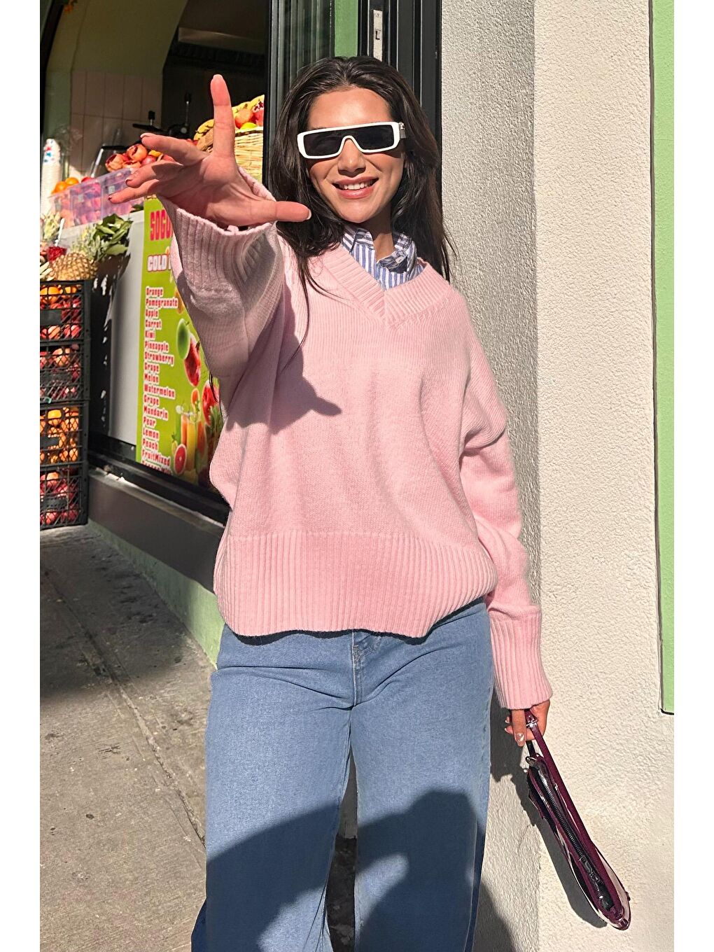 Pembe V Yaka Oversize Kadın Triko Kazak Mg2149-3