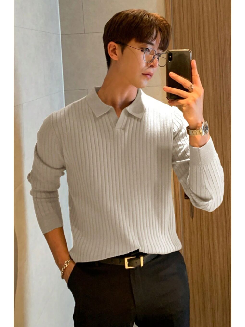 Bej Erkek Polo Yaka Triko Kazak Slim Fit Fitilli-1