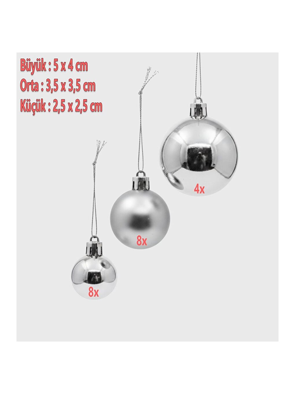 Gri Yılbaşı Ağaç Süsü Seti – 20 Parça (3 Boyut, Hediye Kutulu)-2