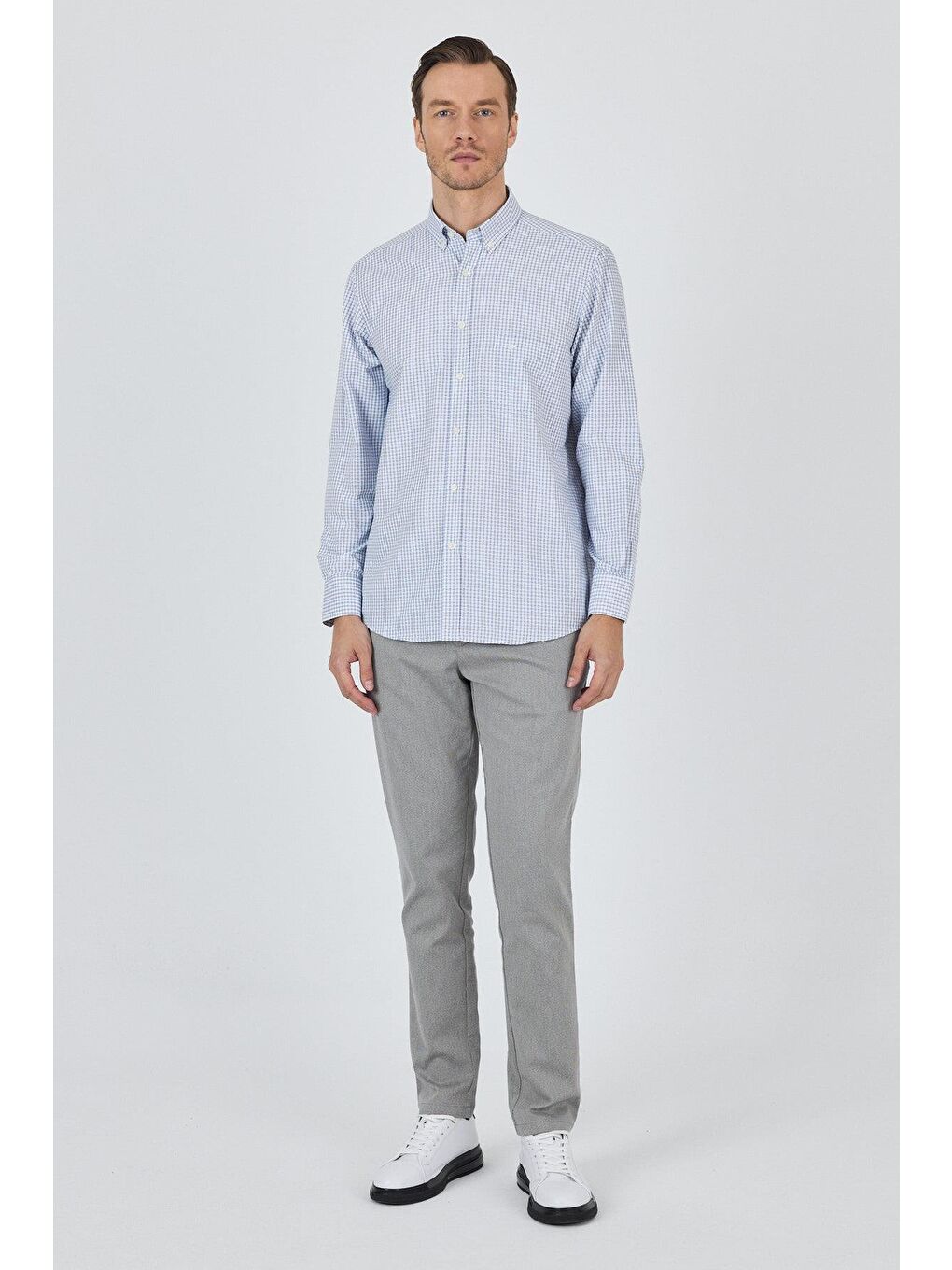 Lacivert Uzun Kol Kareli Desen Bez Ayağı Düğmeli Yaka Cepli Pamuklu Classic Comfort Fit Gömlek 1004250197-4