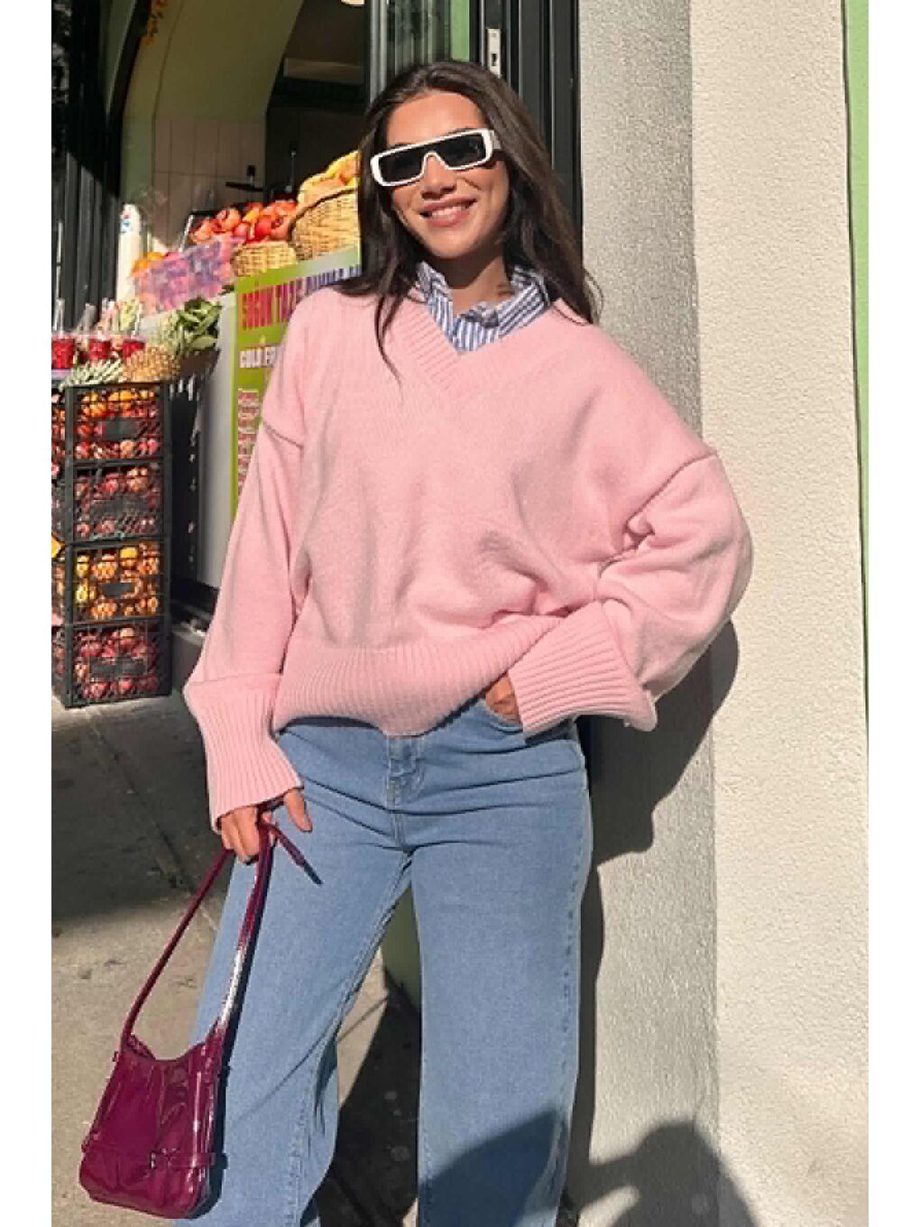 Pembe V Yaka Oversize Kadın Triko Kazak Mg2149-4