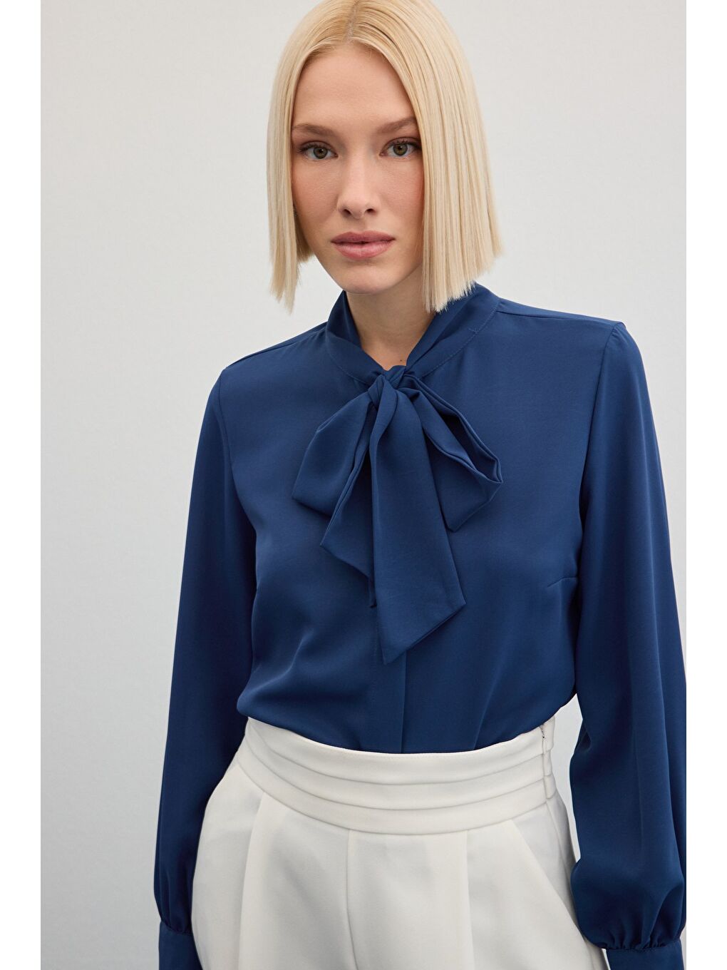 Yakası Bağlamalı Düz Gömlek - İndigo-6