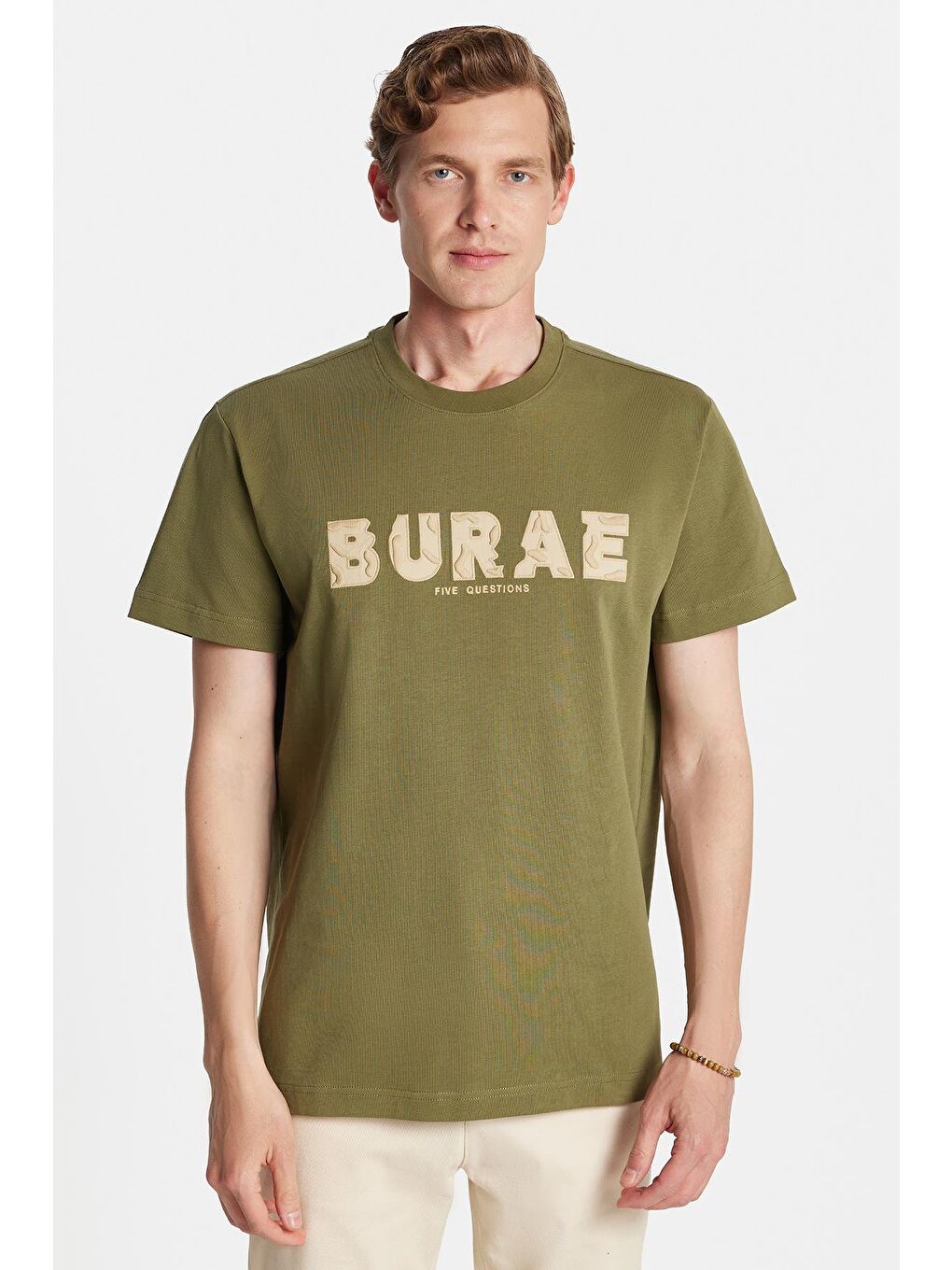 Relax Fit Rahat Kesim %100 Pamuk Ön Nakış Detaylı Bisiklet Yaka Yeşil Erkek Tişört