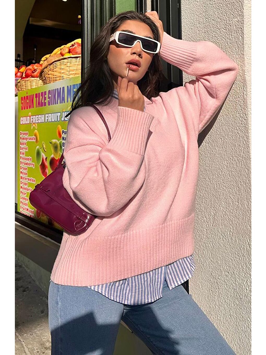 Pembe V Yaka Oversize Kadın Triko Kazak Mg2149-5