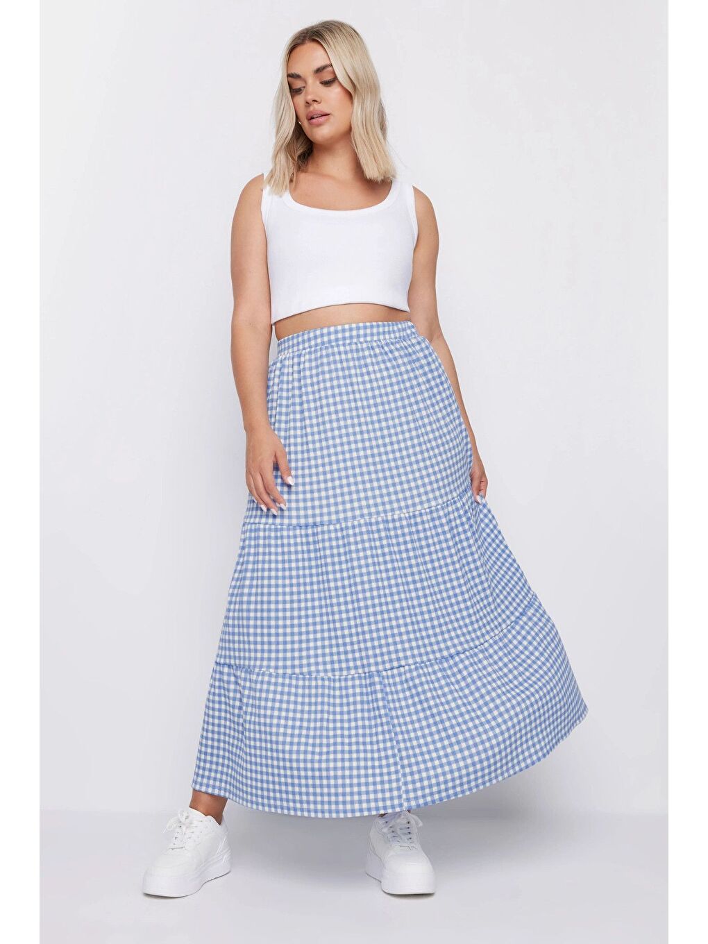 Yeşil Büyük Beden Beli Lastikli Desenli Kat Kat Uzun Etek 160319