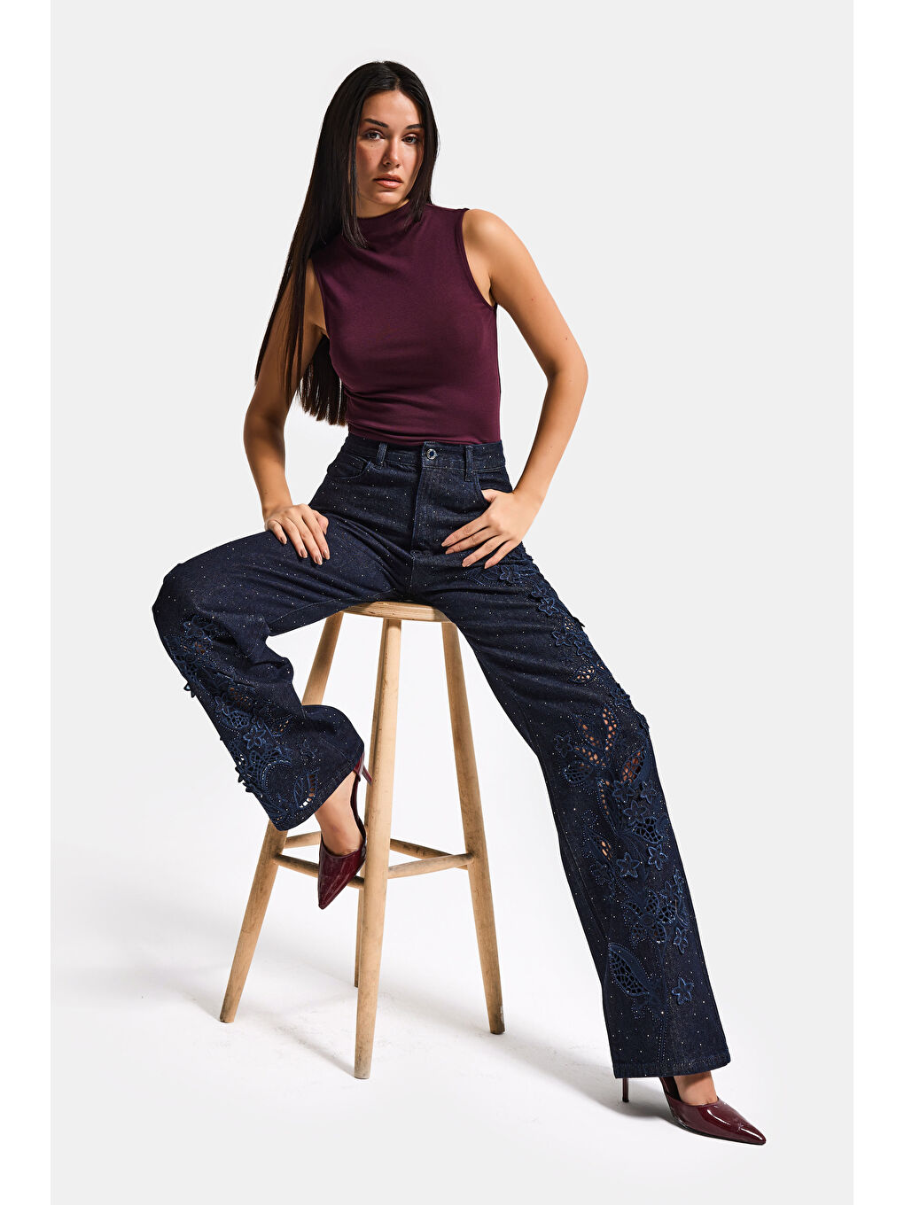 Kadın İndigo Selvedge T-7s6-50 Loose Fit Nakış Dantel Desenli Özel Tasarım Denim Jean-4