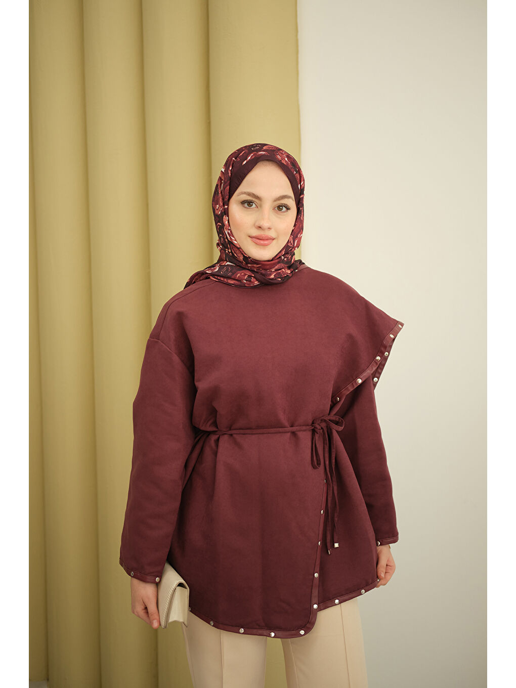 Kadın Dikişleri Deri Detay Ceket Mürdüm-1