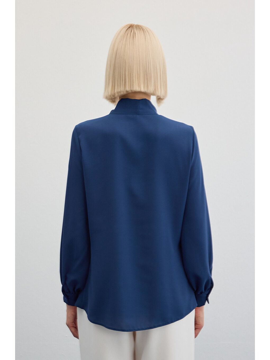 Yakası Bağlamalı Düz Gömlek - İndigo-7