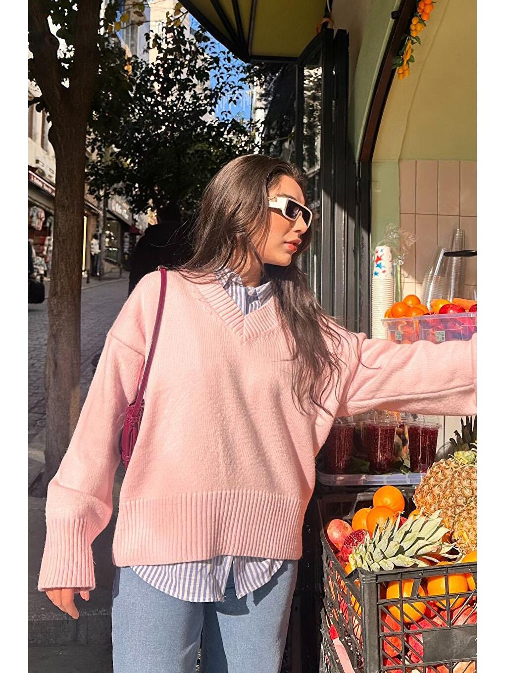 Pembe V Yaka Oversize Kadın Triko Kazak Mg2149-6