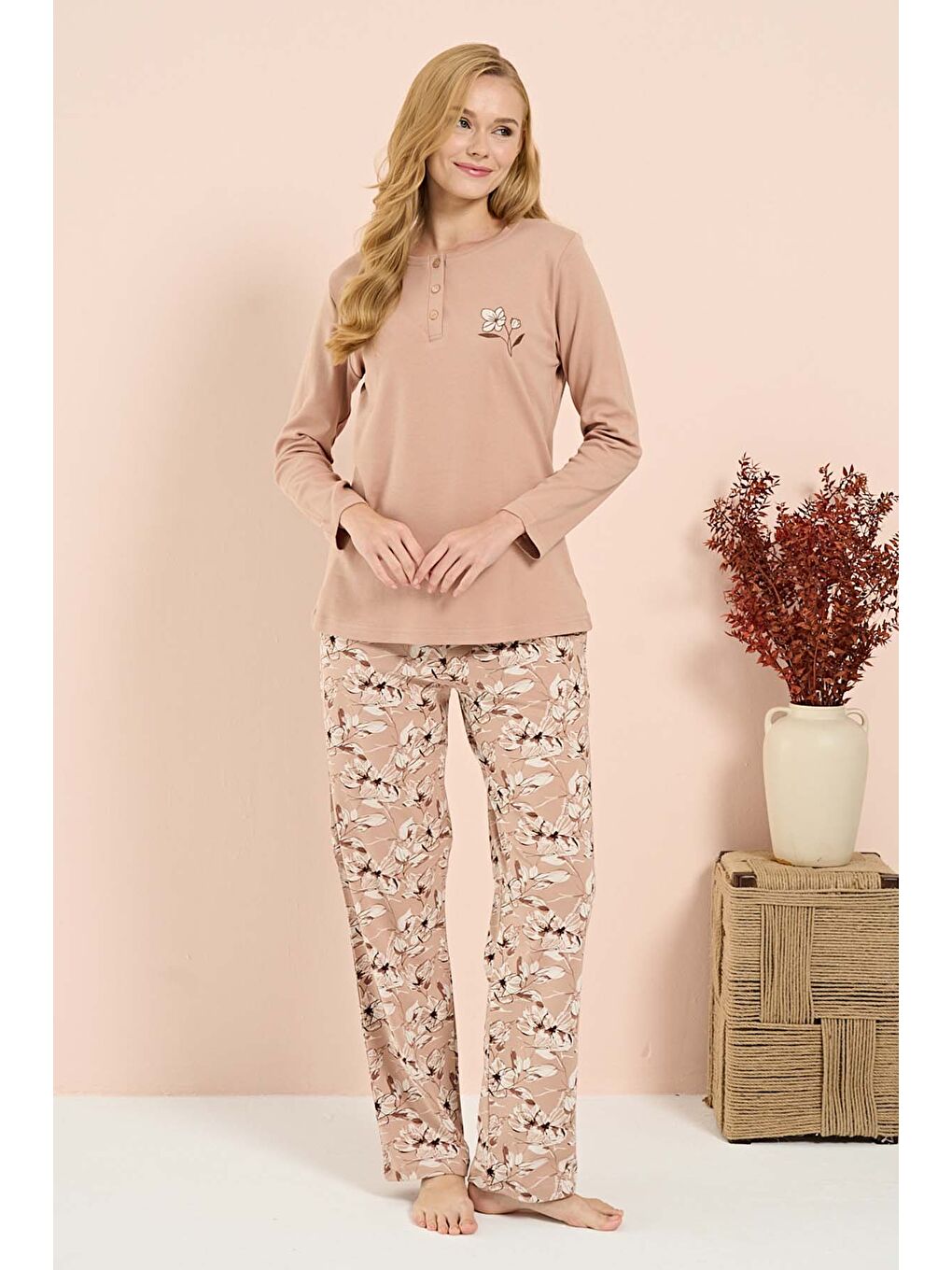 Pembe Büyük Beden Kadın Penye Uzun Kol Pijama Takımı 3204 Somon