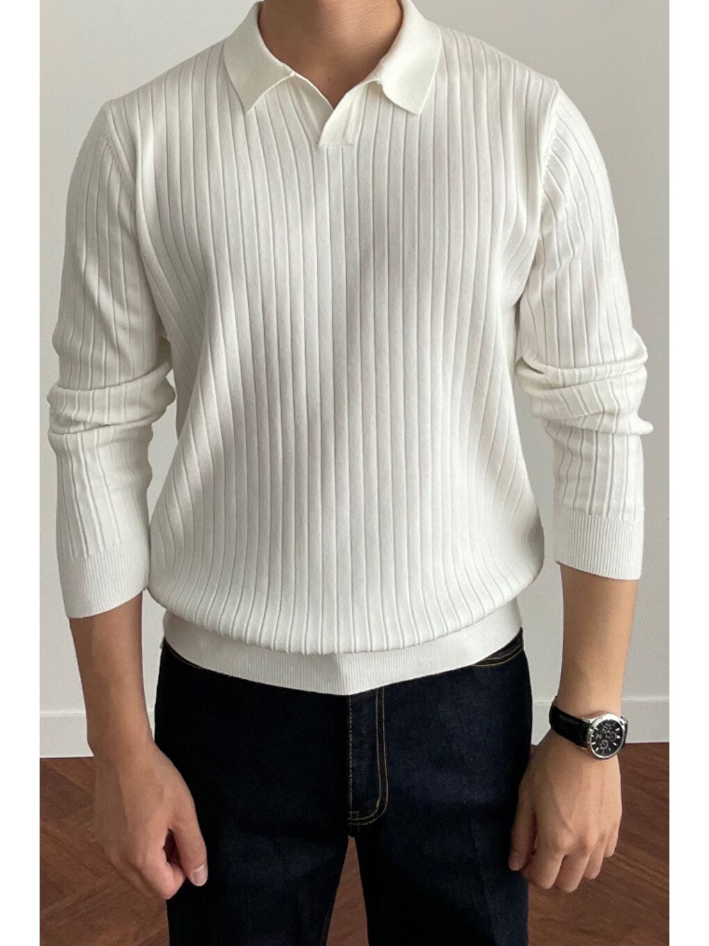 Beyaz Erkek Polo Yaka Triko Kazak Slim Fit Fitilli